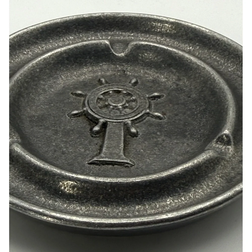 Vintage Nautical Ship Wheel Ashtray Pewter-Look Cast Aluminum Cigarette Tray GUC